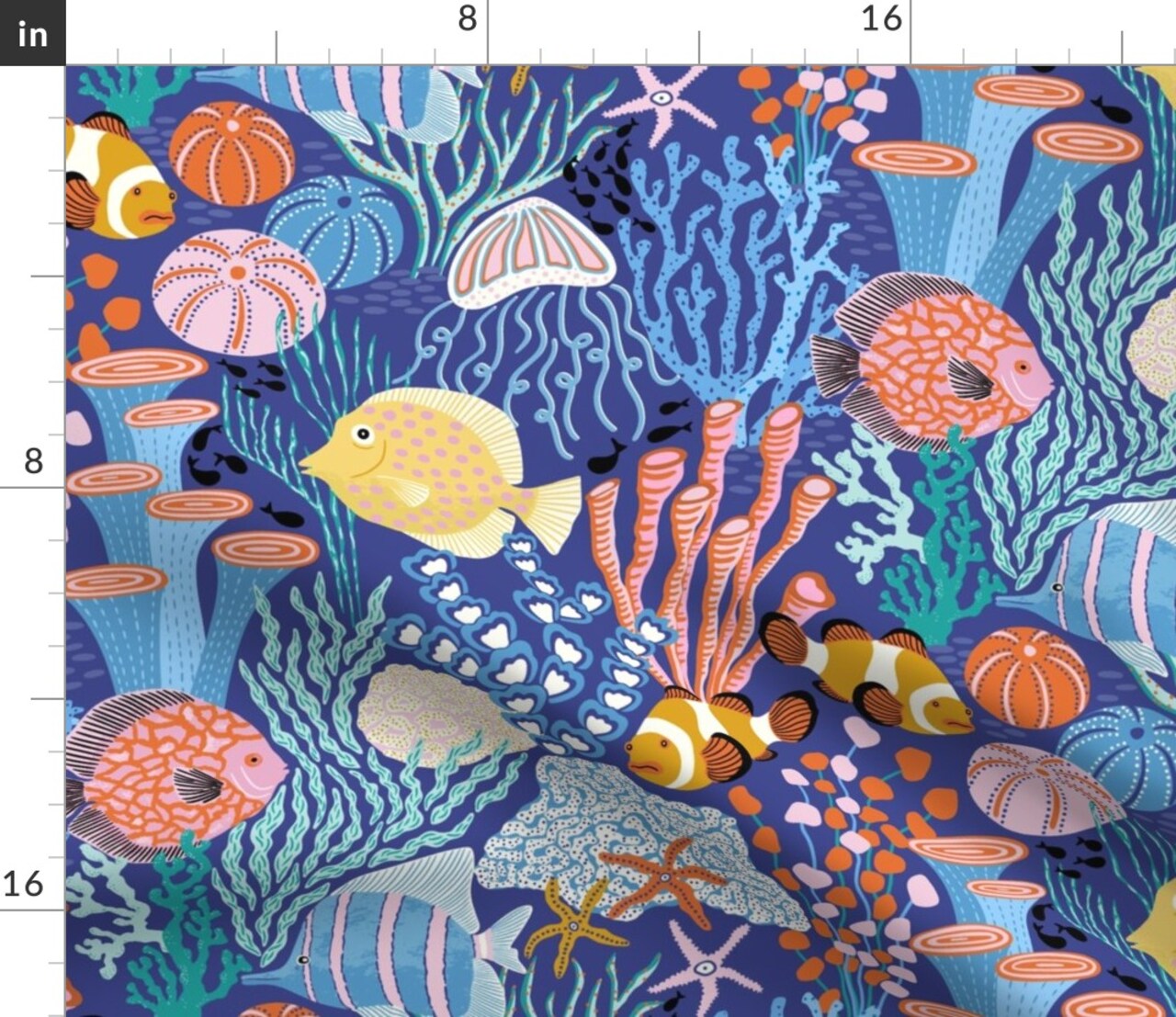 Coral Reef Blue Colorful Tropical Under The Sea Coastal Custom Printed Fabric by Spoonflower Various Fabrics by the Yard or Fat Quarter